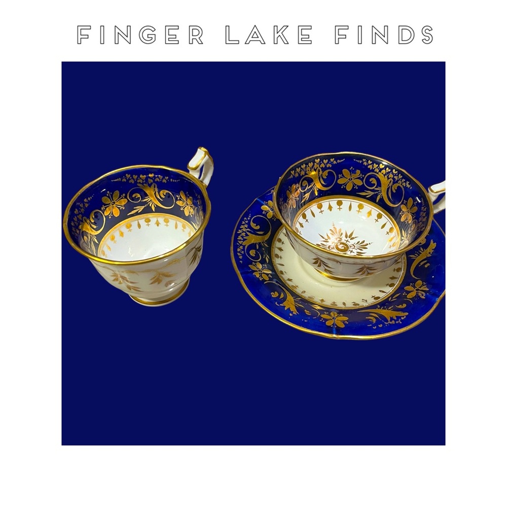 Two Antique Minton Cobalt Blue and Gold Gilt Cups and One Saucer